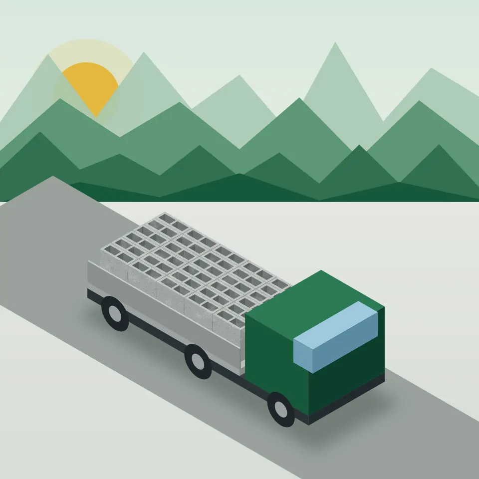 Ilustración de un camión cargado con bloques de concreto en una vía de montaña
