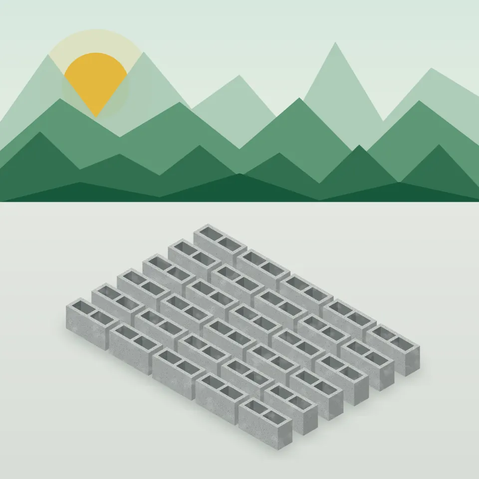 Ilustración de bloques de concreto alineados en un patio de curado con montañas al fondo
