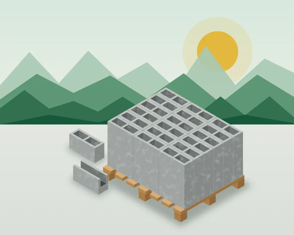 Ilustración de una estiba de bloques de concreto con las montañas de Caldas al fondo