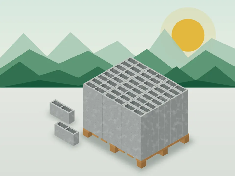Ilustración de una estiba de bloques de concreto de 12 × 20 × 40 cm con montañas al fondo